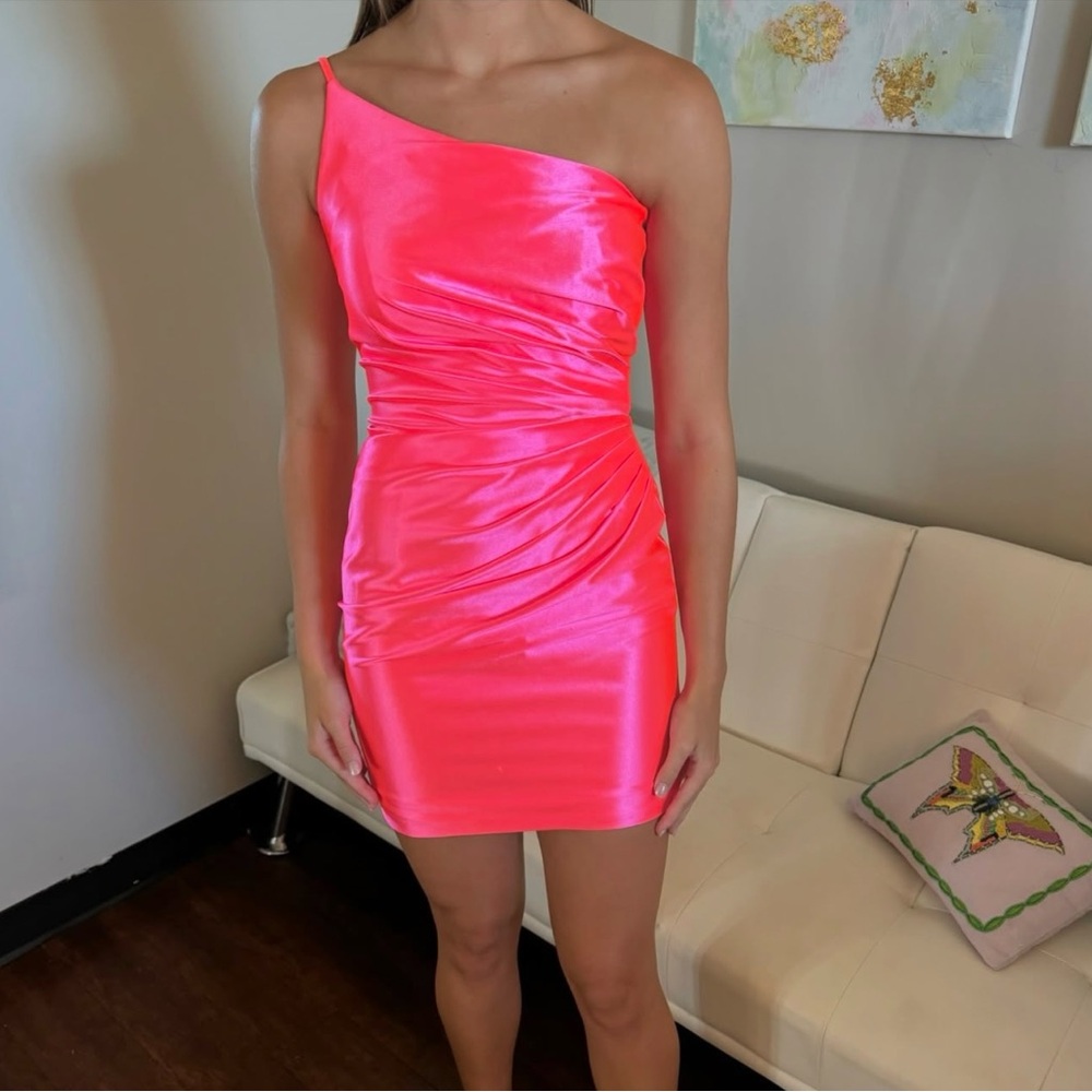 Sherri Hill Pink Asymmetrical Ruched Cocktail Dress